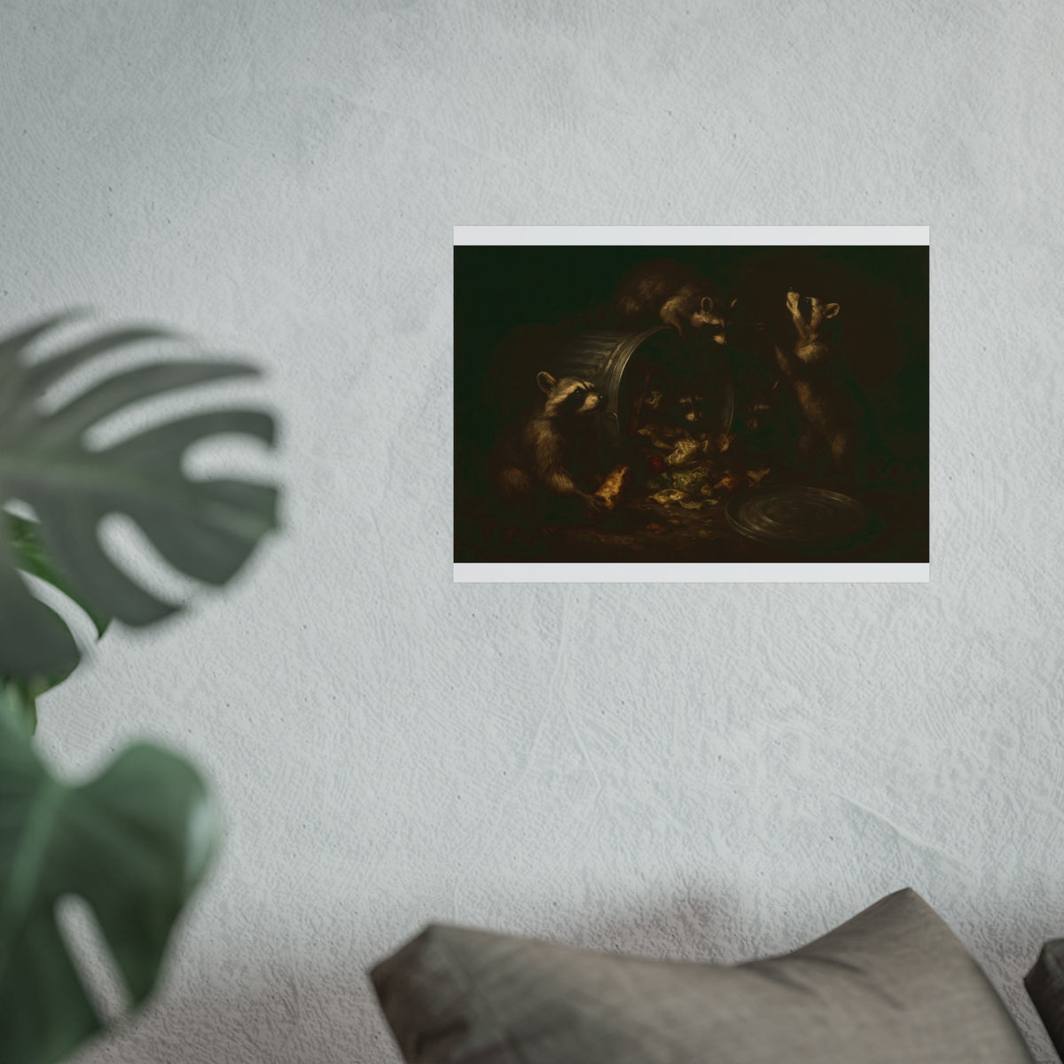 Raccoons around a tipped metal trash can, scattering food scraps. The Vigil of the Midnight Feast by Garabaggio, fine art print hanging in a room.