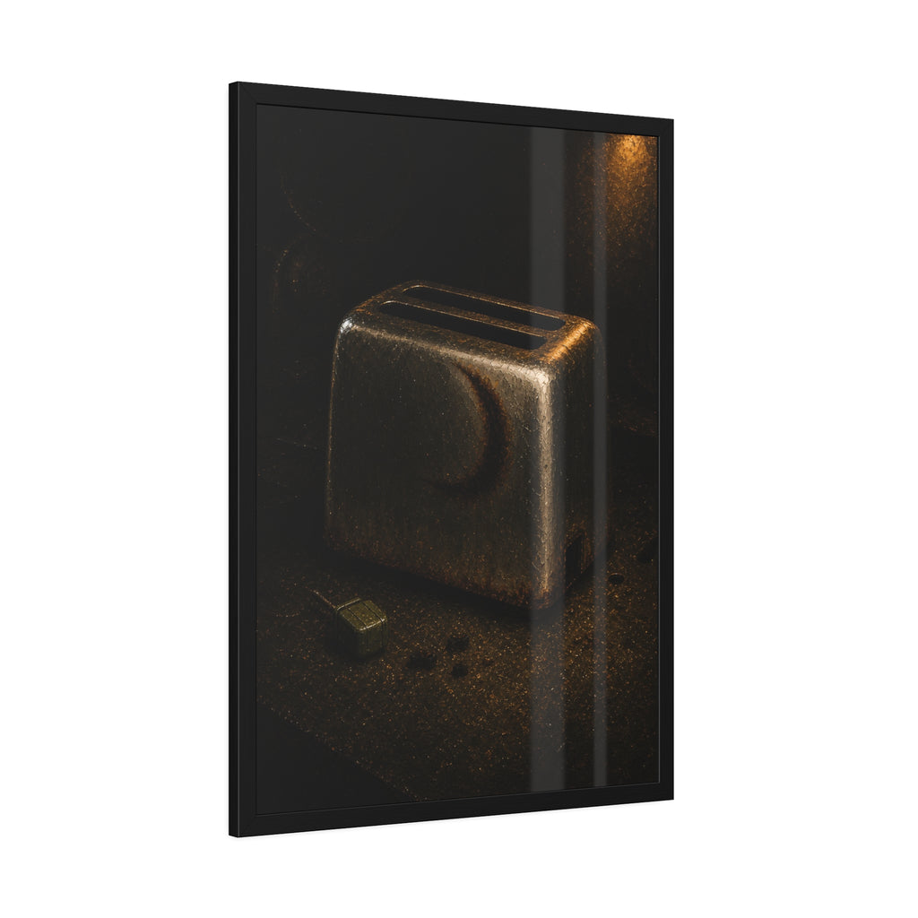 A scorched toaster on a dark counter with crumbs and its plug beside it. Shell Without Heat by Garabaggio, framed fine art print hanging in a room.