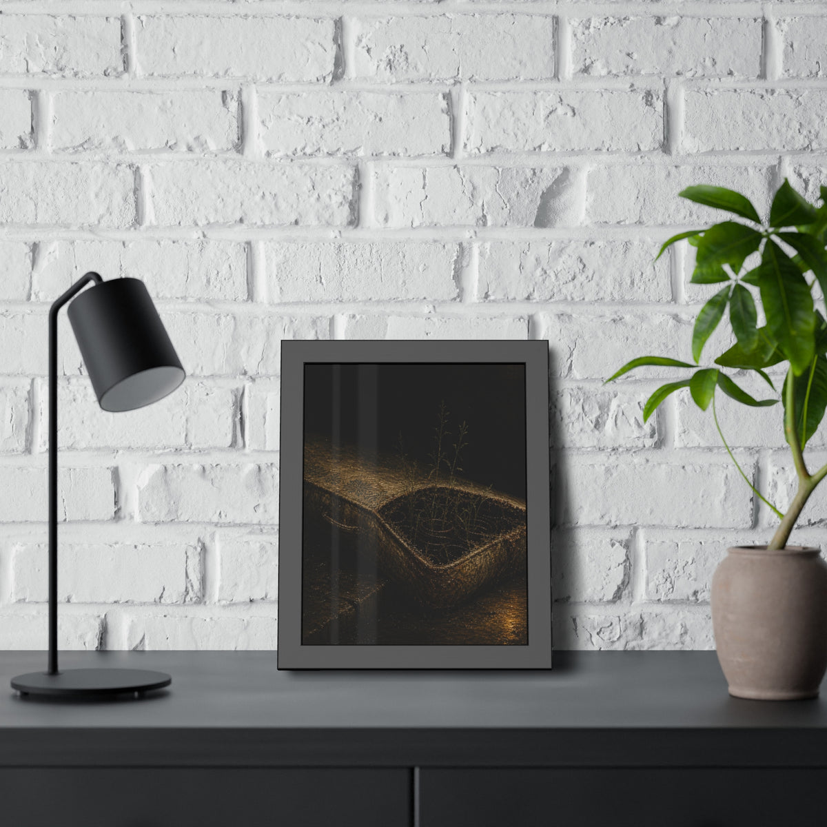 Weeds growing through a torn mattress left at a wet curb at night. The Rooting of Weeds by Garabaggio, framed fine art print hanging in a room.