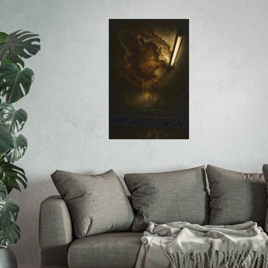 A brown water stain spreading across a ceiling above a row of chairs. The Stain Above the Row by Garabaggio, fine art print hanging in a room.