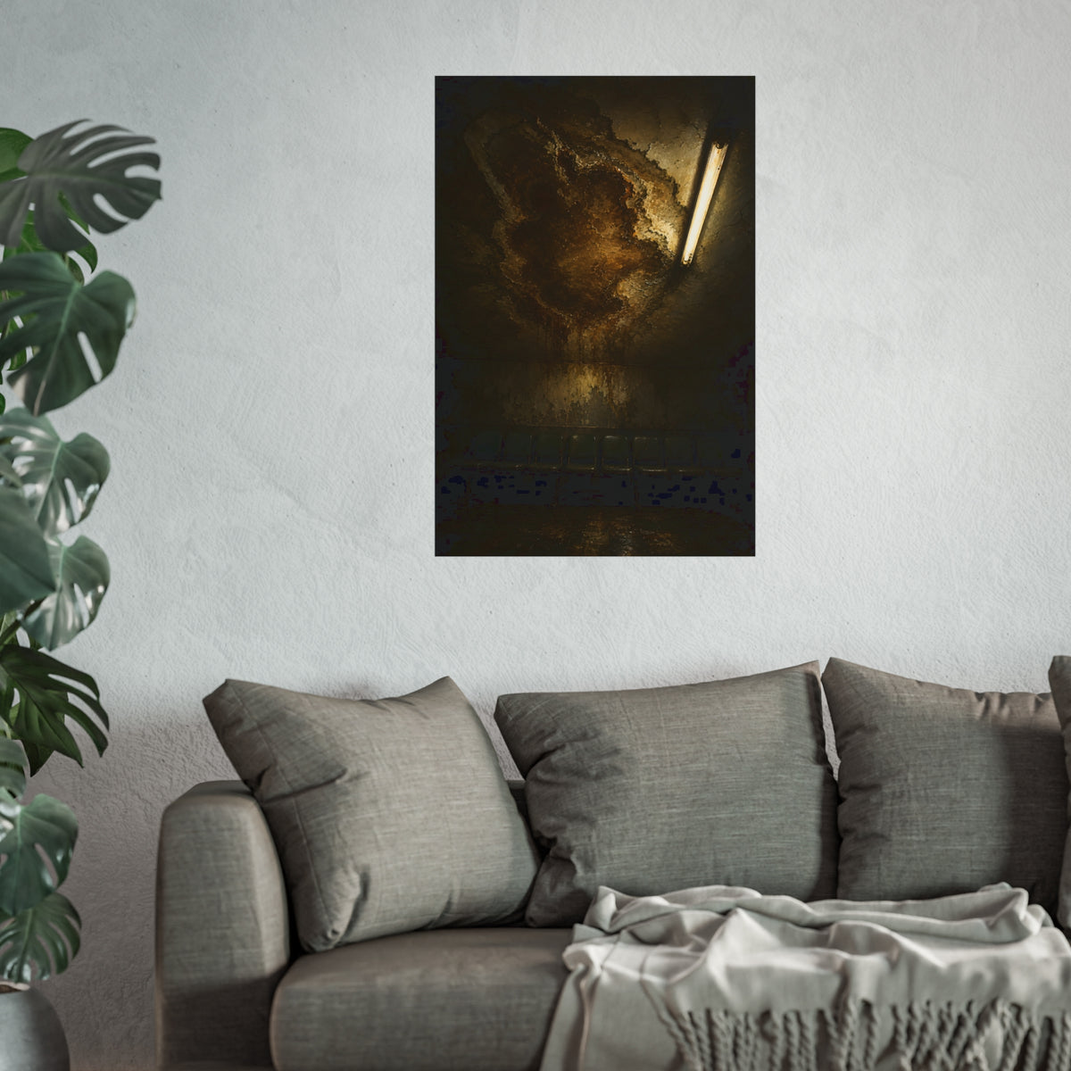 A brown water stain spreading across a ceiling above a row of chairs. The Stain Above the Row by Garabaggio, fine art print hanging in a room.