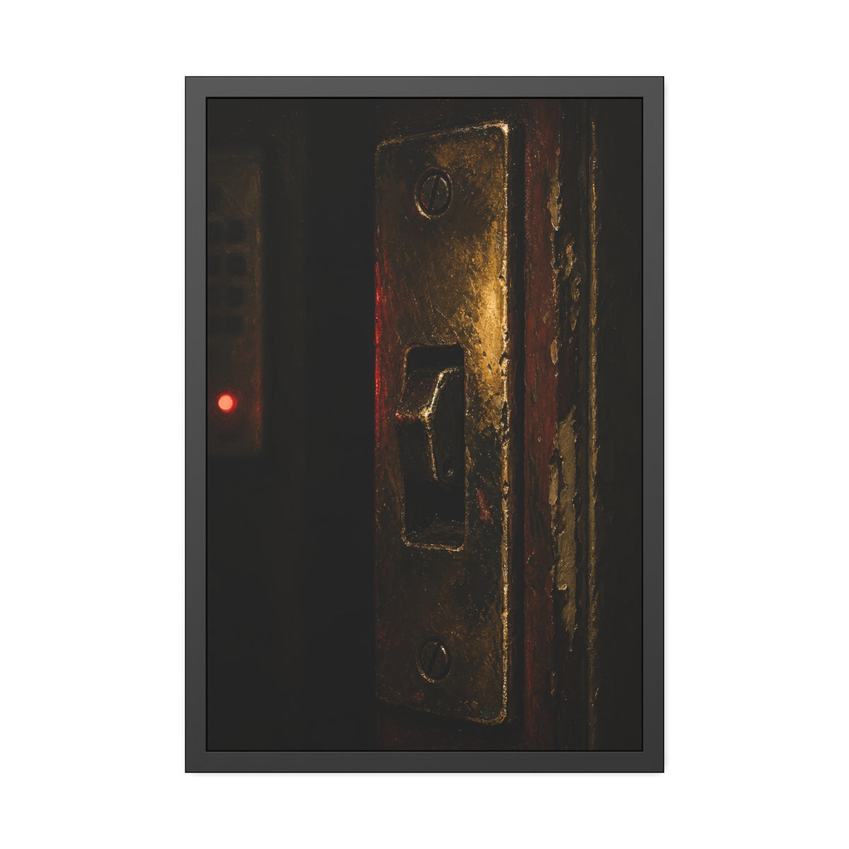 A brass door latch beside an intercom with a small red light. The Door Does Not Release by Garabaggio, framed fine art print, 24″ x 36″.