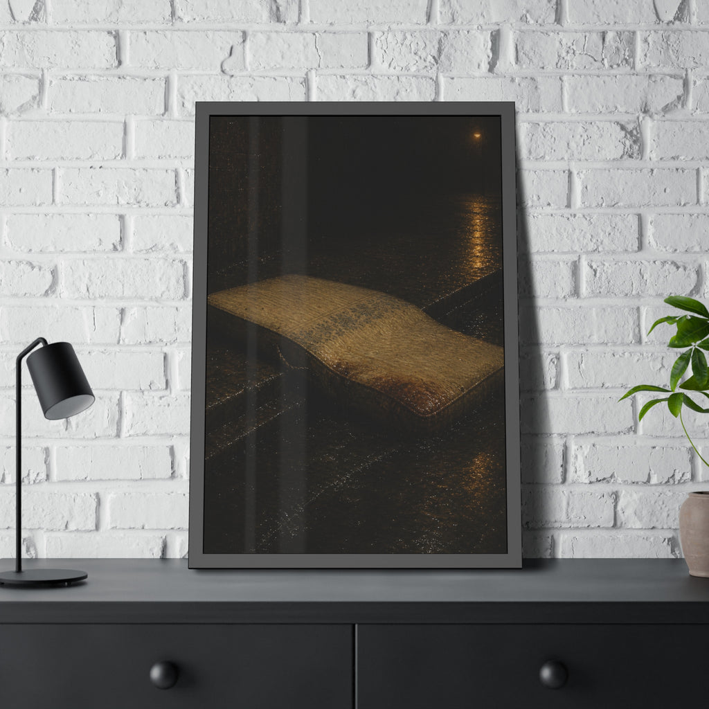 A sodden mattress slumped off a curb on wet pavement under a street lamp. The Collapse into the Gutter by Garabaggio, framed fine art print hanging in a room.