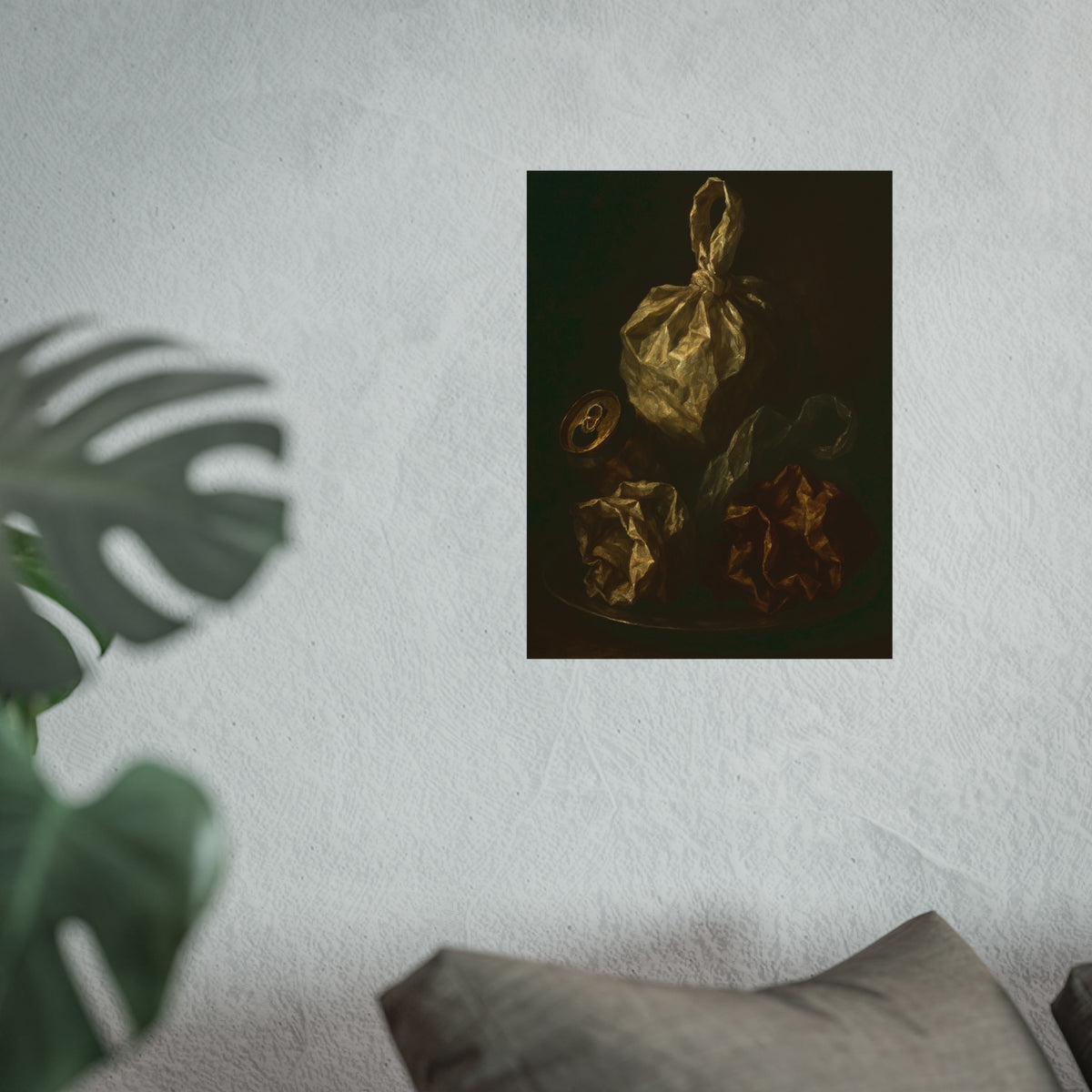 Knotted plastic bag on a plate with crumpled wrappers and a crushed can. Communion of the Knotted Bag by Garabaggio, fine art print hanging in a room.