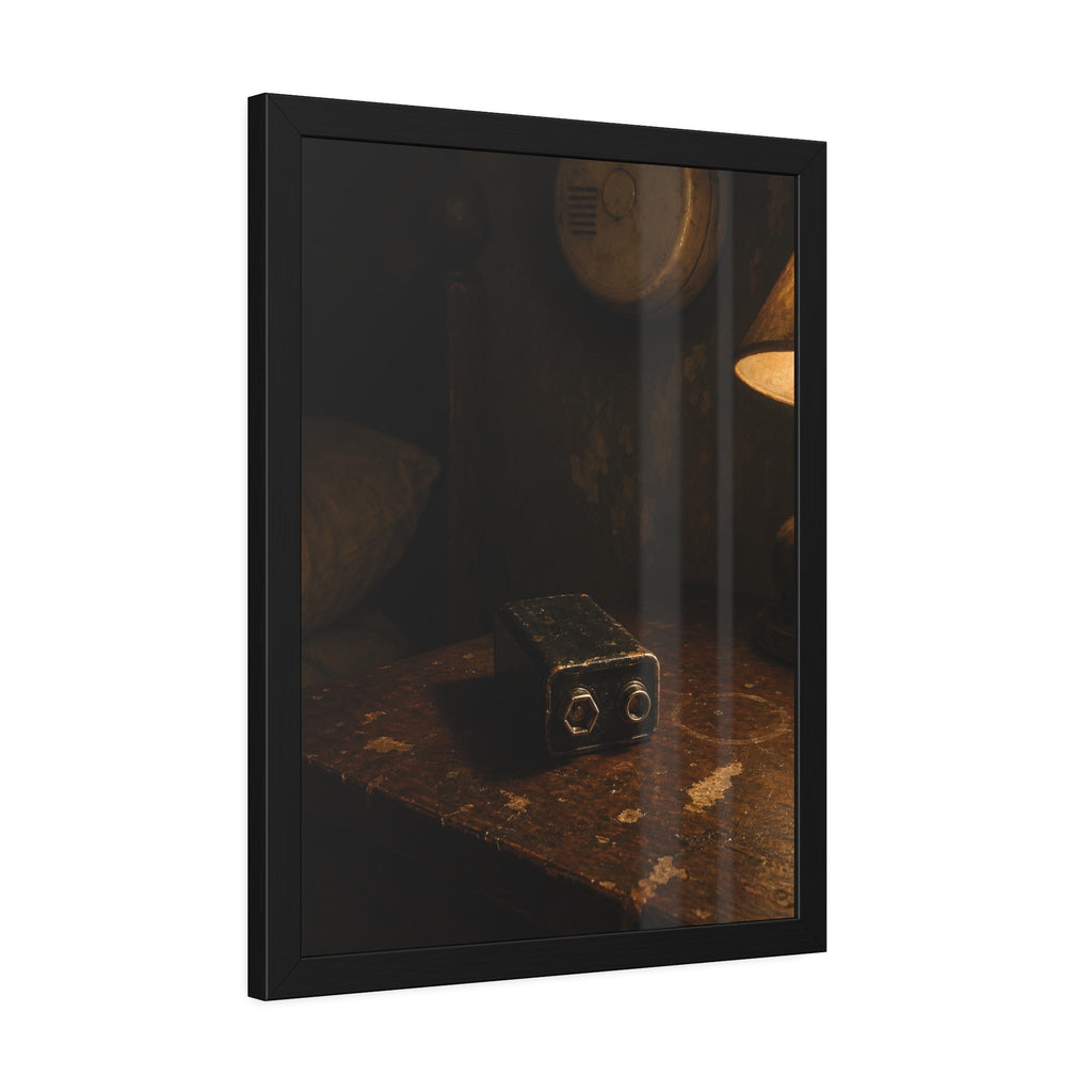 A nine volt battery on a nightstand below a wall smoke detector. The Battery Laid Below by Garabaggio, framed fine art print hanging in a room.