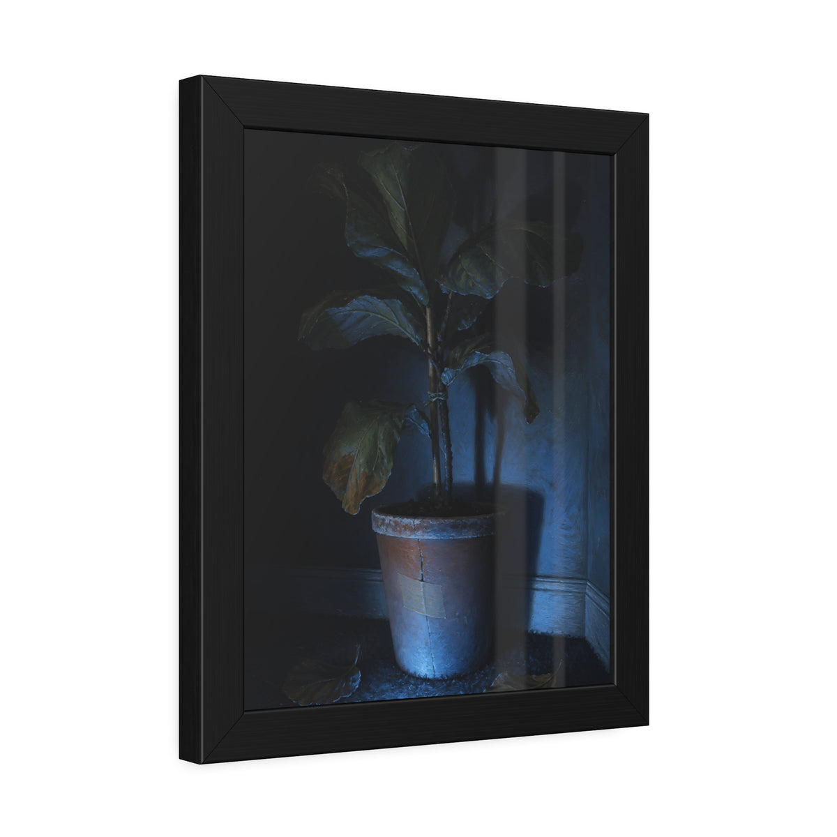 A dying potted plant in a corner washed in blue television light. The Television Hours by Garabaggio, framed fine art print hanging in a room.