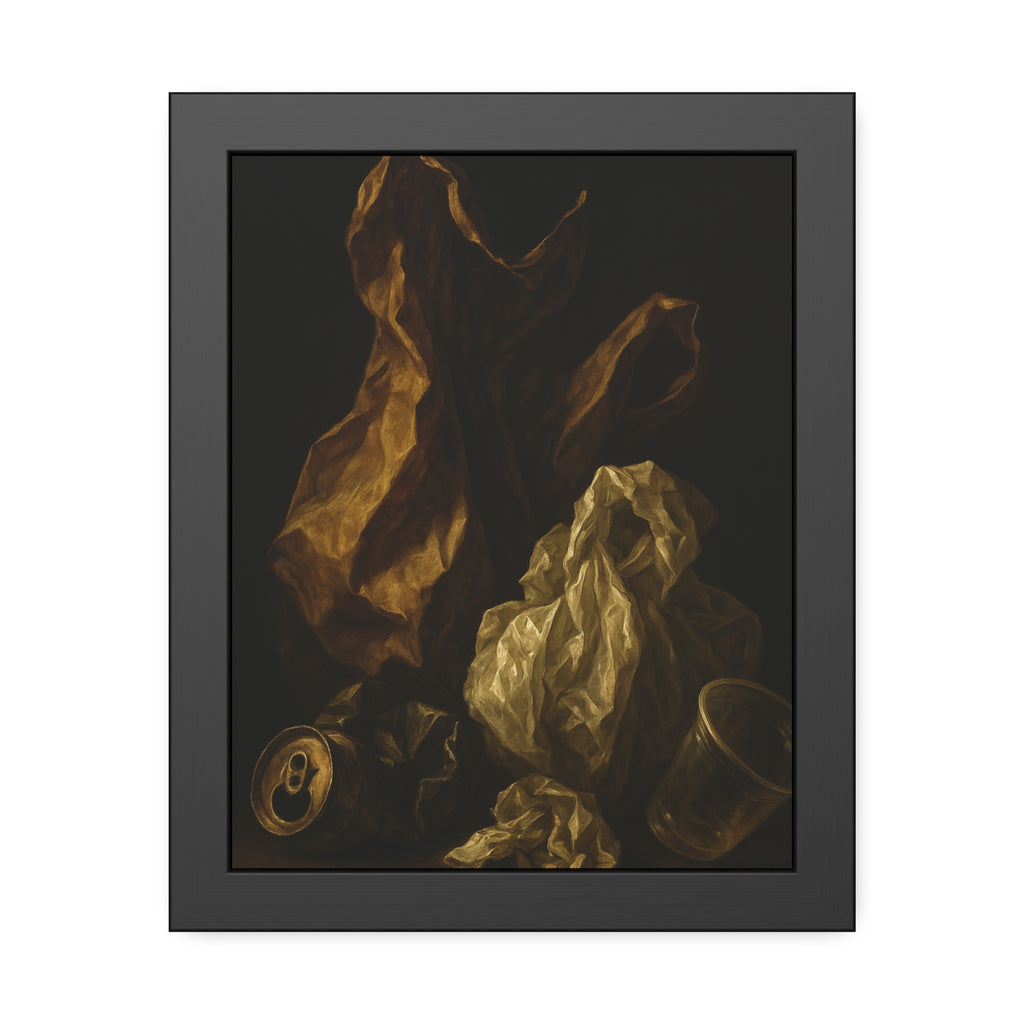 A plastic bag and crumpled paper beside a crushed can and clear cup. The Two Penitents by Garabaggio, framed fine art print, 11″ x 14″.