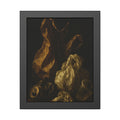 A plastic bag and crumpled paper beside a crushed can and clear cup. The Two Penitents by Garabaggio, framed fine art print, 11″ x 14″.