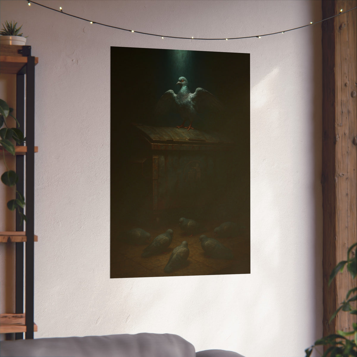 A pigeon with wings spread on a rusted dumpster lid. The Beatification of the Common Pigeon by Garabaggio, fine art print hanging in a room.