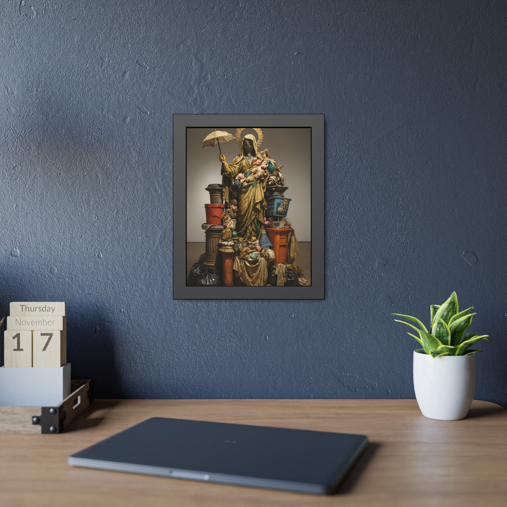 Robed figure with a halo and umbrella rising from trash bags and crates. Our Lady of Perpetual Shelter by Garabaggio, framed fine art print hanging in a room.