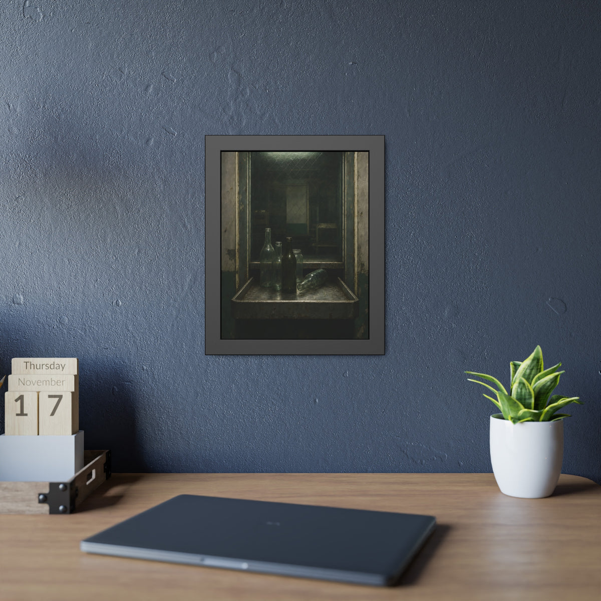 Empty glass bottles on a metal tray at a service window under a fluorescent tube. The Counting Window by Garabaggio, framed fine art print hanging in a room.
