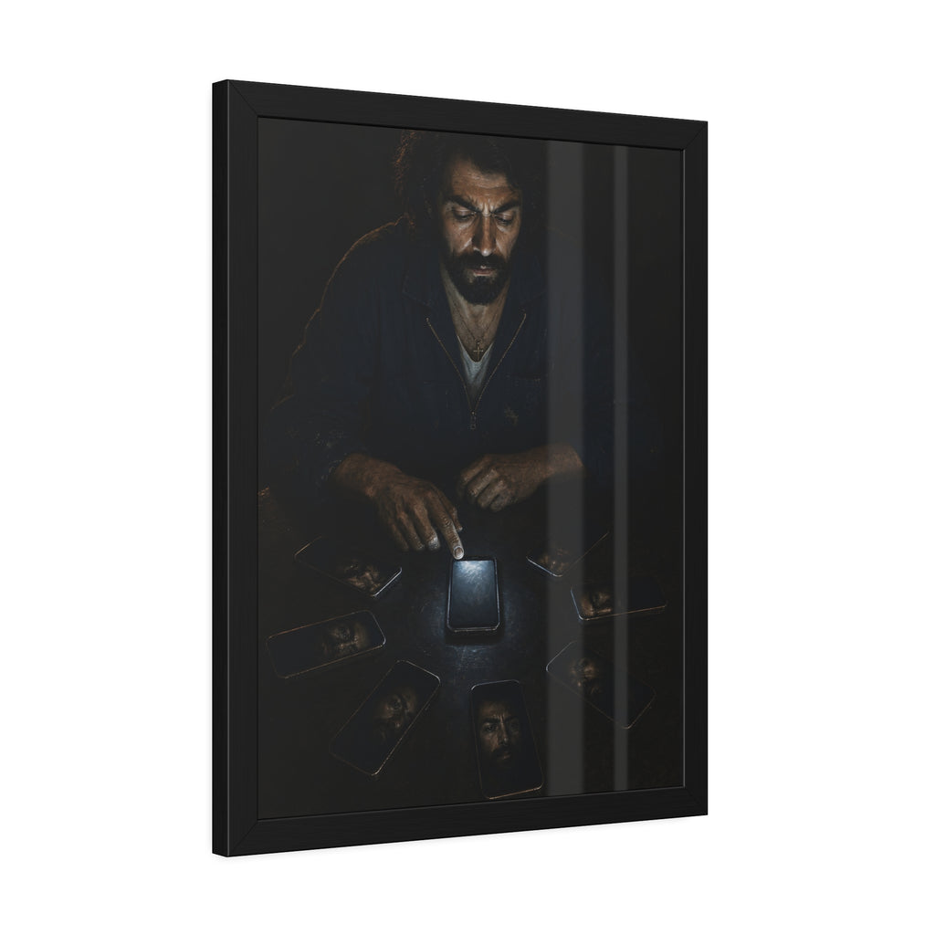 A bearded man at a dark table ringed by phones, one lit screen under his hand. The Congregation of Faces by Garabaggio, framed fine art print hanging in a room.