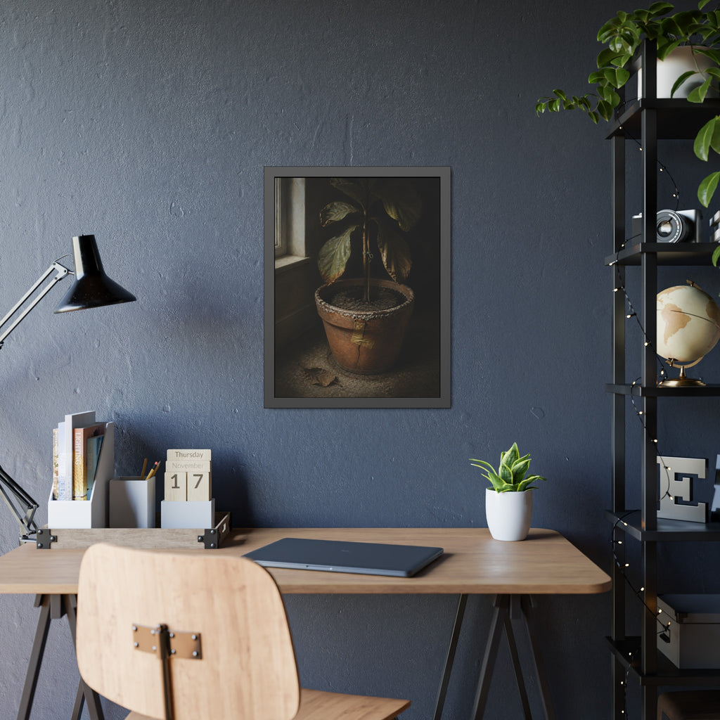 A drooping potted plant in a cracked terracotta pot beside a window. The Missed Watering by Garabaggio, framed fine art print hanging in a room.