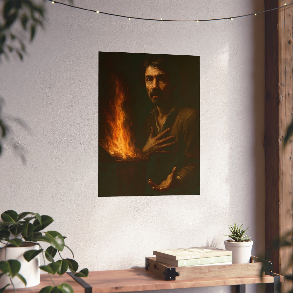 Man reaching an open palm toward a dumpster fire at his left. Self-Portrait as the Doubting Thomas by Garabaggio, fine art print hanging in a room.