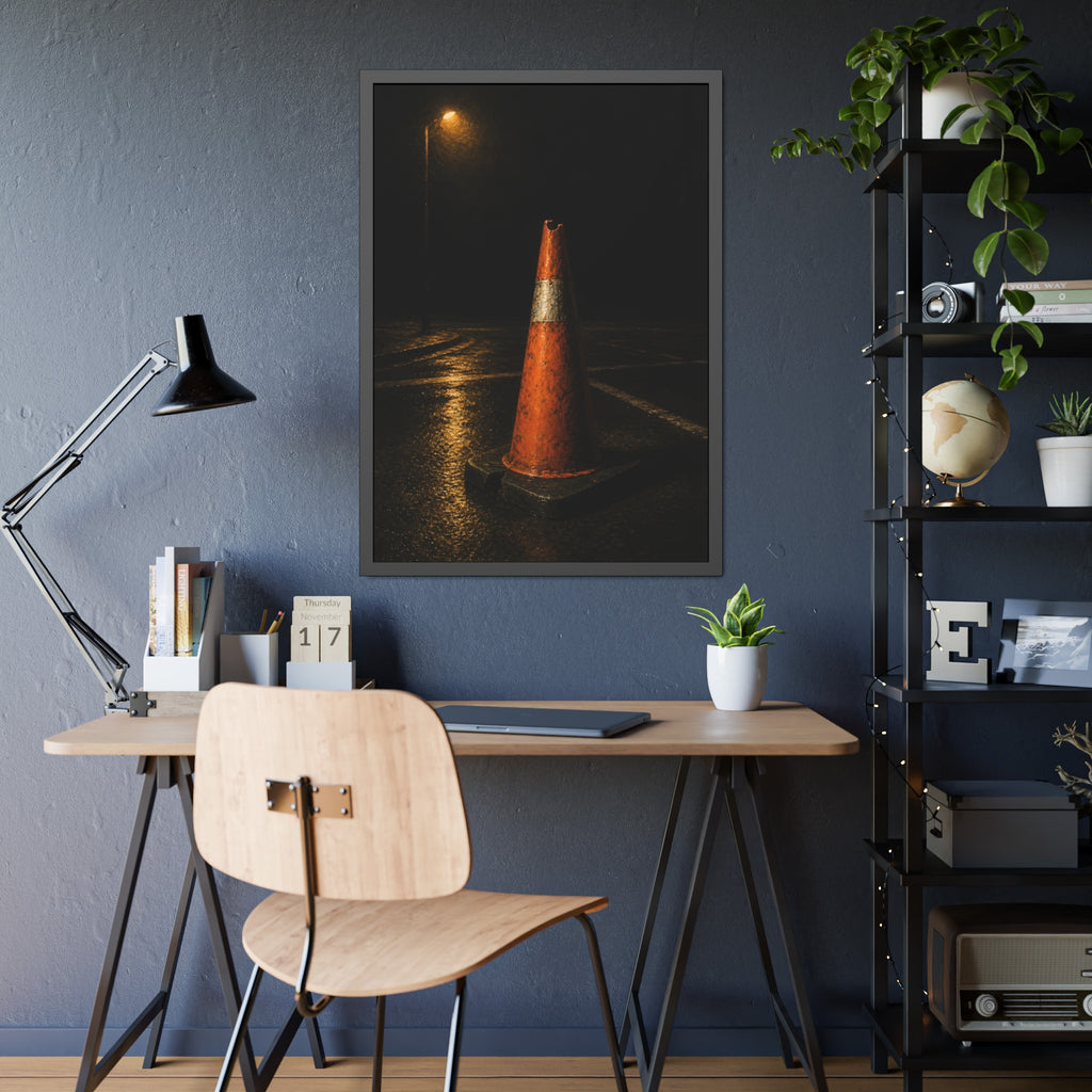 A battered orange traffic cone on wet asphalt under a street lamp. The Warning Without Danger by Garabaggio, framed fine art print hanging in a room.