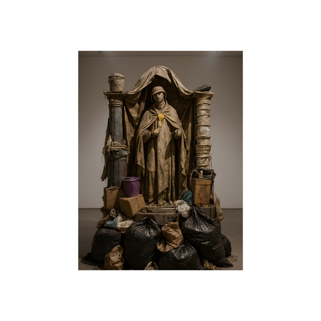 Draped standing figure under a canopy above a heap of black garbage bags. Saint Francis of the Black Bag by Garabaggio, fine art print, 12″ x 16″.