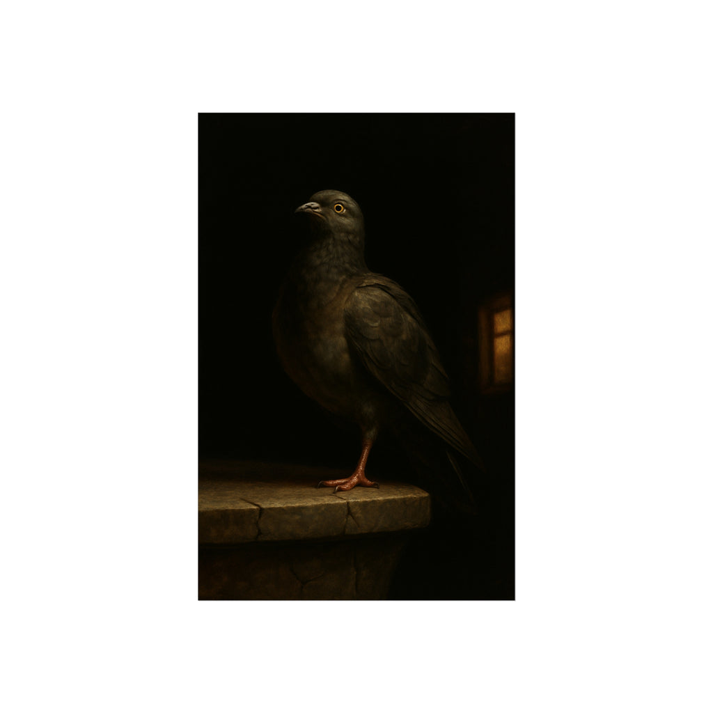 A pigeon standing on a cracked stone ledge in near darkness. The Martyrdom of the One-Legged Saint by Garabaggio, fine art print hanging in a room.