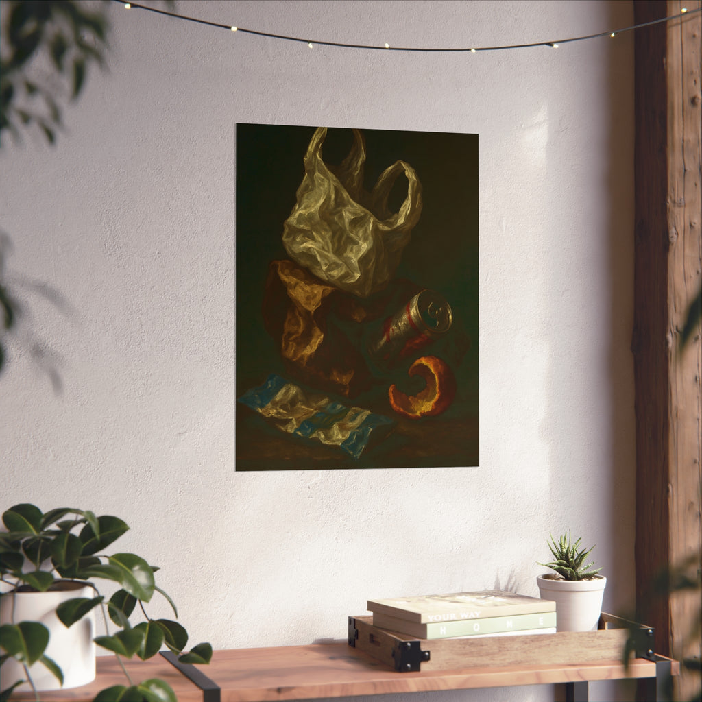A plastic bag, crushed can and orange peel on a dim table. Still Life with Orange Peel and Resignation by Garabaggio, fine art print hanging in a room.