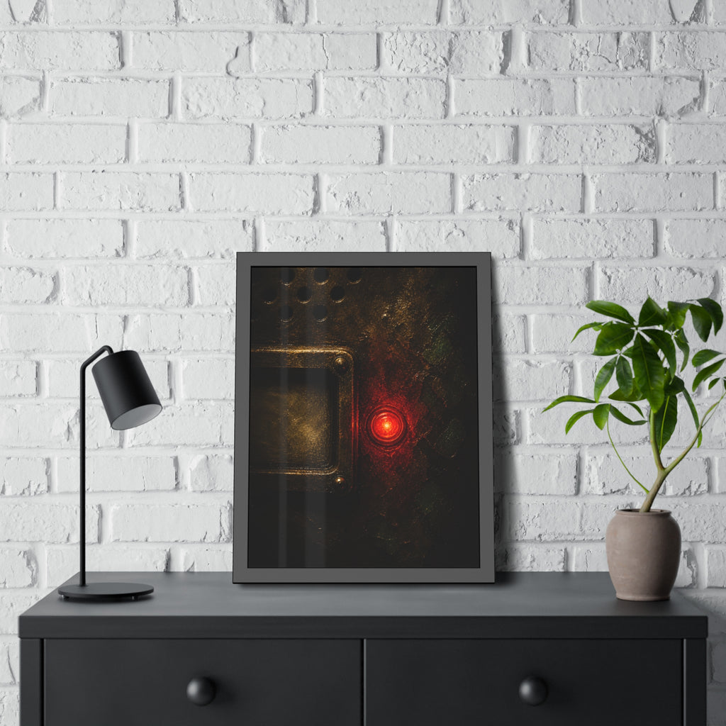 Close view of an intercom panel with one red button glowing in the dark. The Stuck Red Light by Garabaggio, framed fine art print hanging in a room.