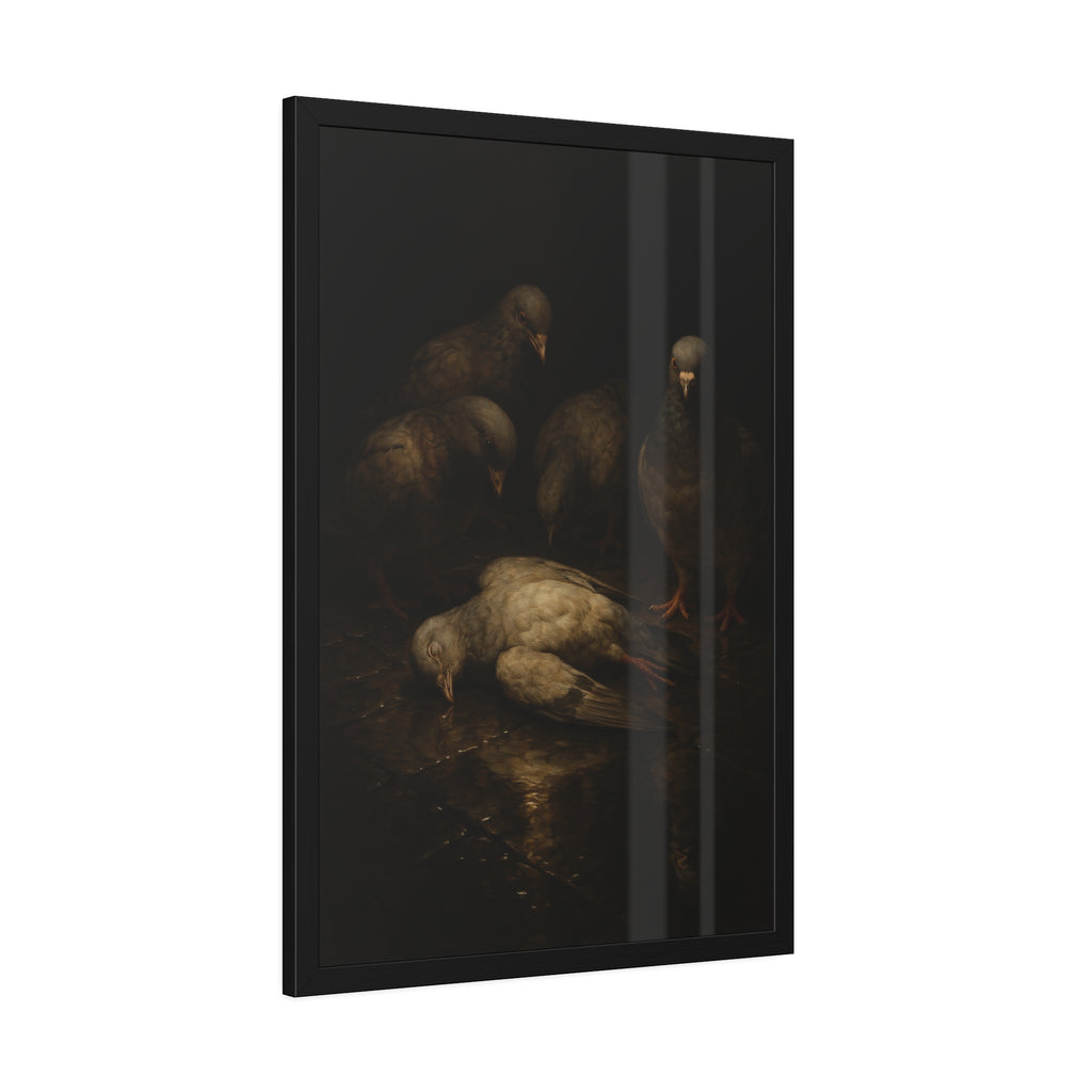 Four pigeons standing over a dead pigeon on wet pavement. The Lamentation by Garabaggio, framed fine art print hanging in a room.