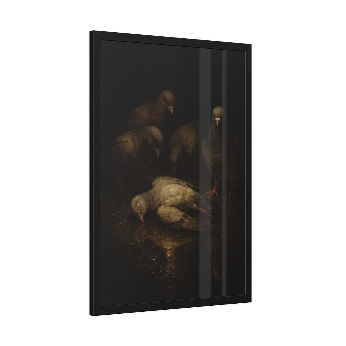 Four pigeons standing over a dead pigeon on wet pavement. The Lamentation by Garabaggio, framed fine art print hanging in a room.