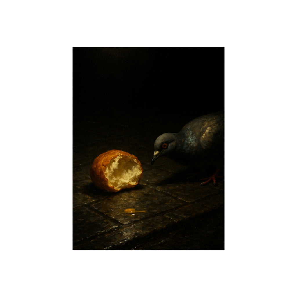 A pigeon leaning toward a torn bread roll on wet paving stones. The Offering of the Discarded Bun by Garabaggio, fine art print, 12″ x 16″.