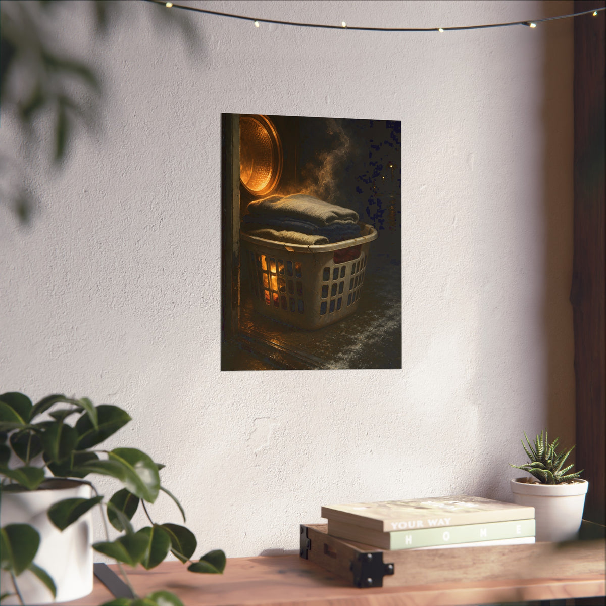 A laundry basket of folded clothes glowing in front of an open dryer. The Warm Clothes Against the Cold by Garabaggio, fine art print hanging in a room.