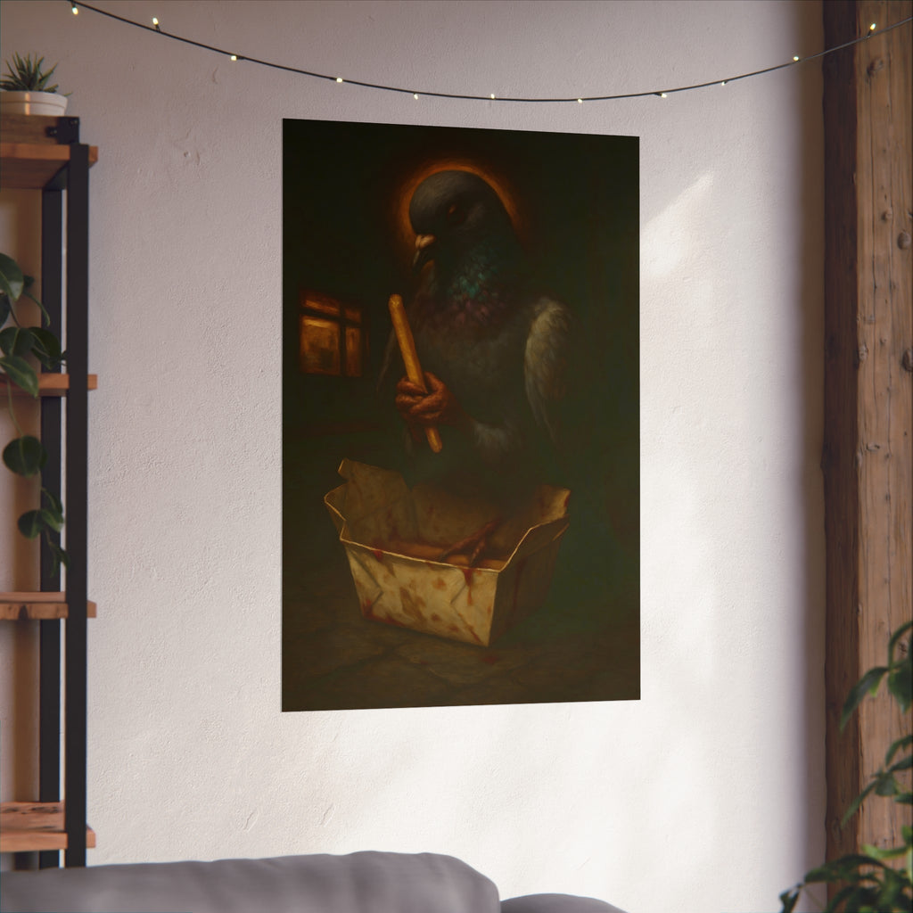 A haloed pigeon holding a french fry over a takeout carton in an alley. Madonna of the Pigeon with Fries by Garabaggio, fine art print hanging in a room.