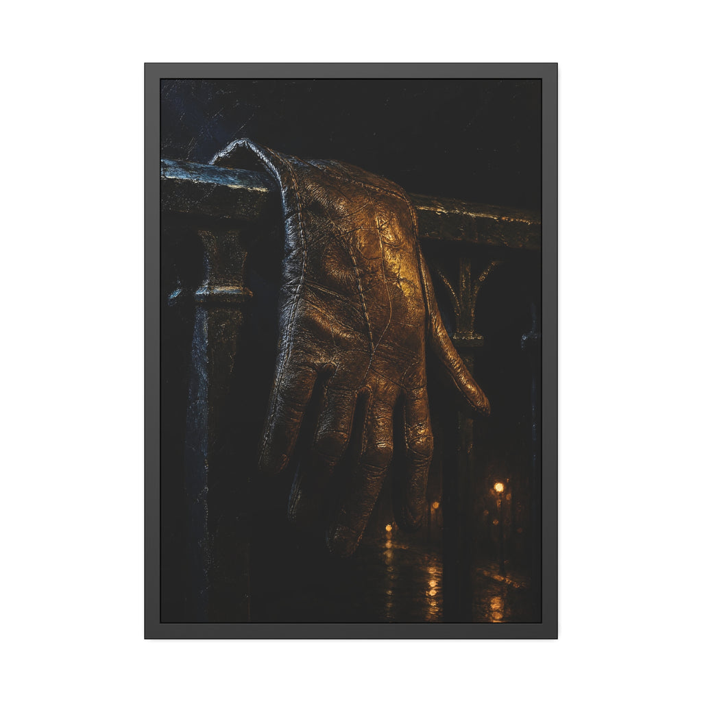 A leather glove draped over an iron railing, fingers hanging. The Repose of the Leather Glove, No. 1 by Garabaggio, framed fine art print hanging in a room.