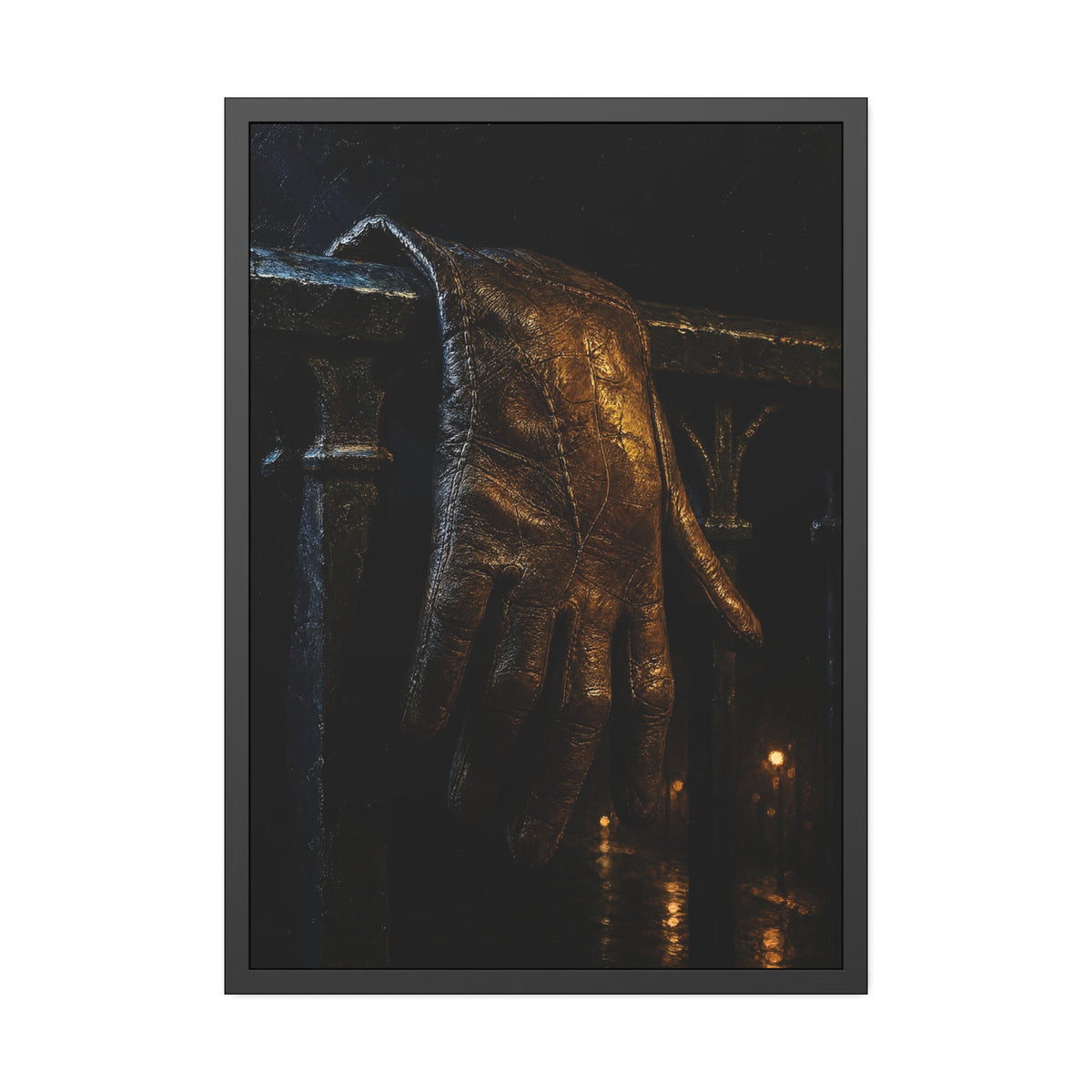 A leather glove draped over an iron railing, fingers hanging. The Repose of the Leather Glove, No. 1 by Garabaggio, framed fine art print hanging in a room.