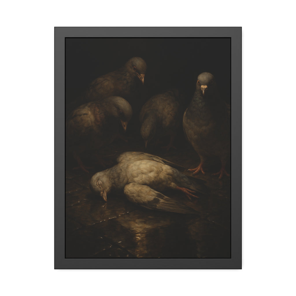 Four pigeons standing over a dead pigeon on wet pavement. The Lamentation by Garabaggio, framed fine art print hanging in a room.