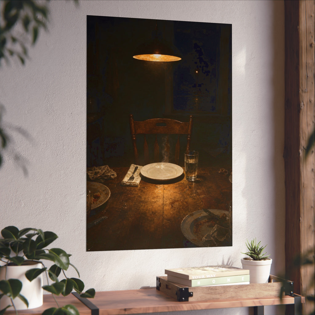A clean plate and empty chair under a hanging lamp at a used dinner table. The Empty Seat at Dinner by Garabaggio, fine art print hanging in a room.