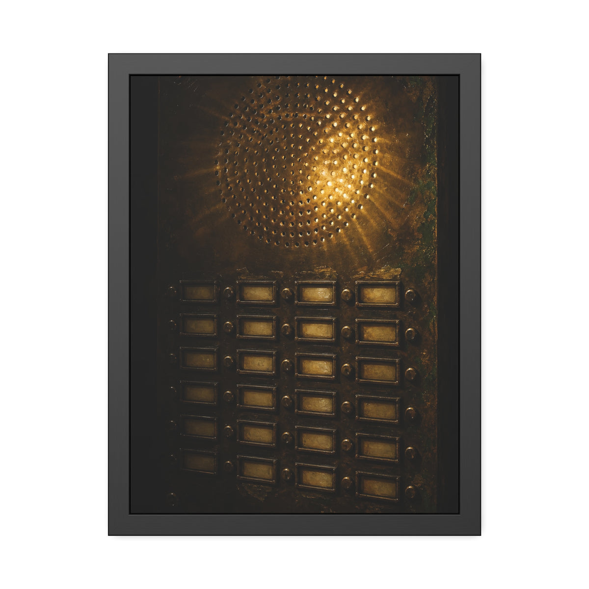 Light glowing through an intercom speaker grille above rows of buttons. Voice Through Perforations by Garabaggio, framed fine art print, 18″ x 24″.