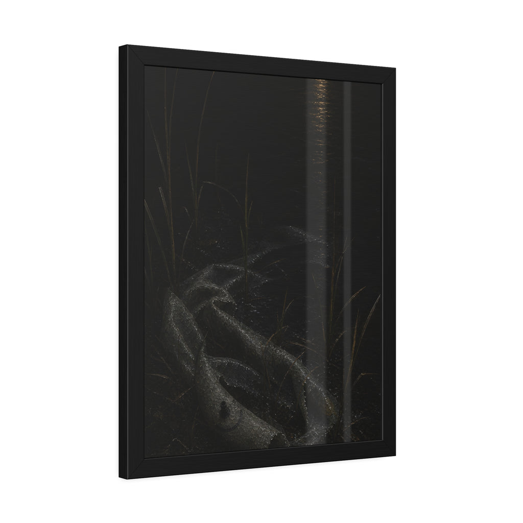 A deflated float slumped in lakeside reeds under a streak of moonlight. Spring Skin in the Reeds by Garabaggio, framed fine art print hanging in a room.