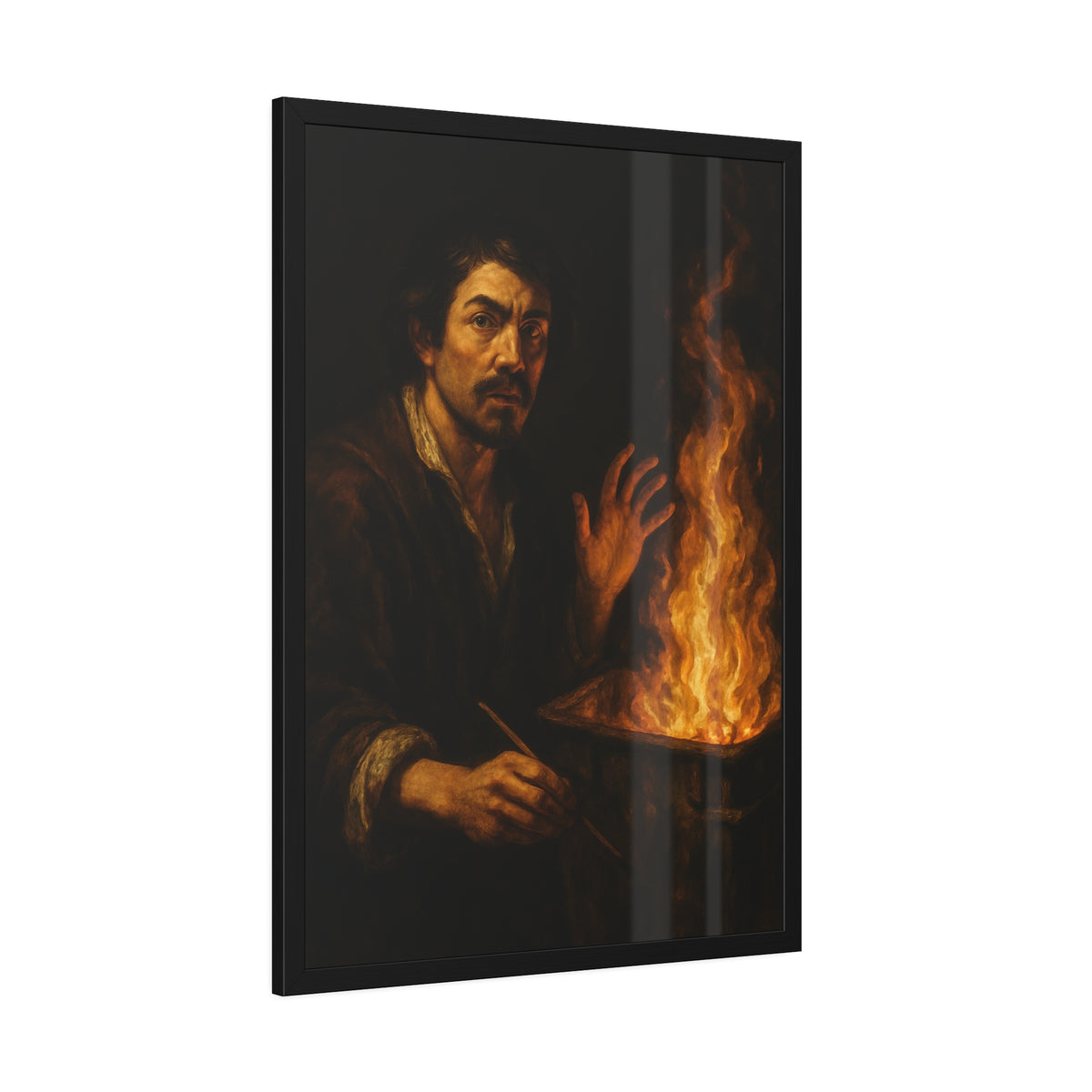 Man holding a paintbrush, his other hand raised beside tall flames. Self-Portrait with Brush and Flame by Garabaggio, framed fine art print hanging in a room.