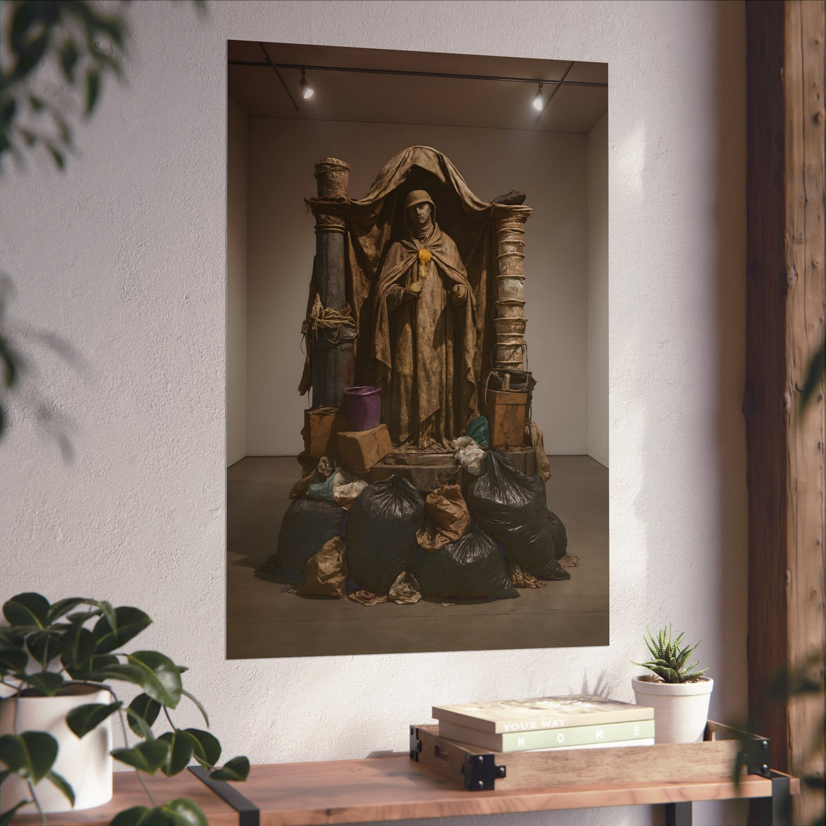 Draped standing figure under a canopy above a heap of black garbage bags. Saint Francis of the Black Bag by Garabaggio, fine art print hanging in a room.