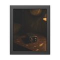 A nine volt battery on a nightstand below a wall smoke detector. The Battery Laid Below by Garabaggio, framed fine art print, 11″ x 14″.