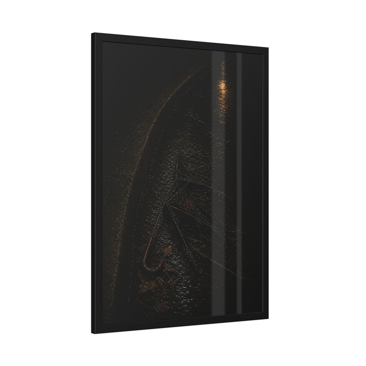 A collapsed umbrella in a dark wet gutter beside a curb, one distant light. The Procession in the Gutter by Garabaggio, framed fine art print hanging in a room.