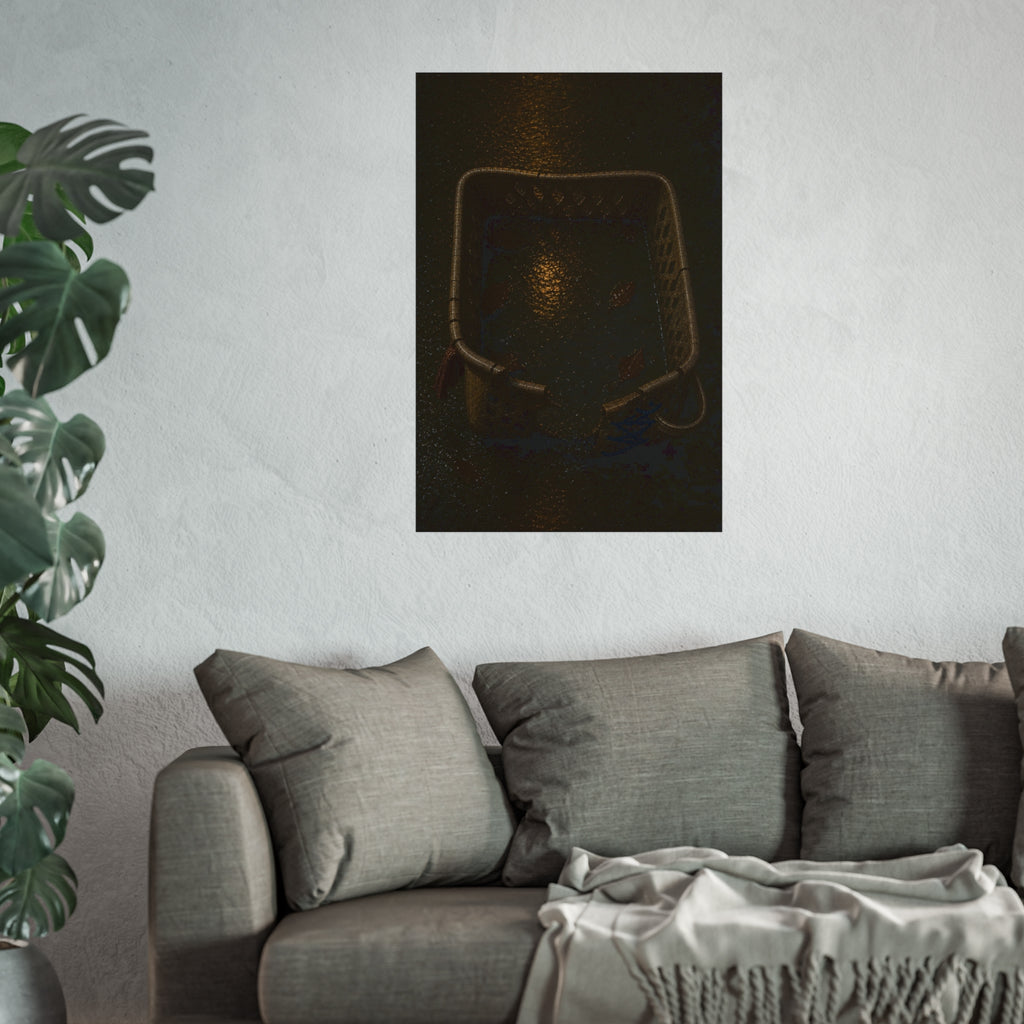 A cracked laundry basket holding rainwater and leaves on wet ground. The Basin of Rain (Laundry Basket) by Garabaggio, fine art print hanging in a room.