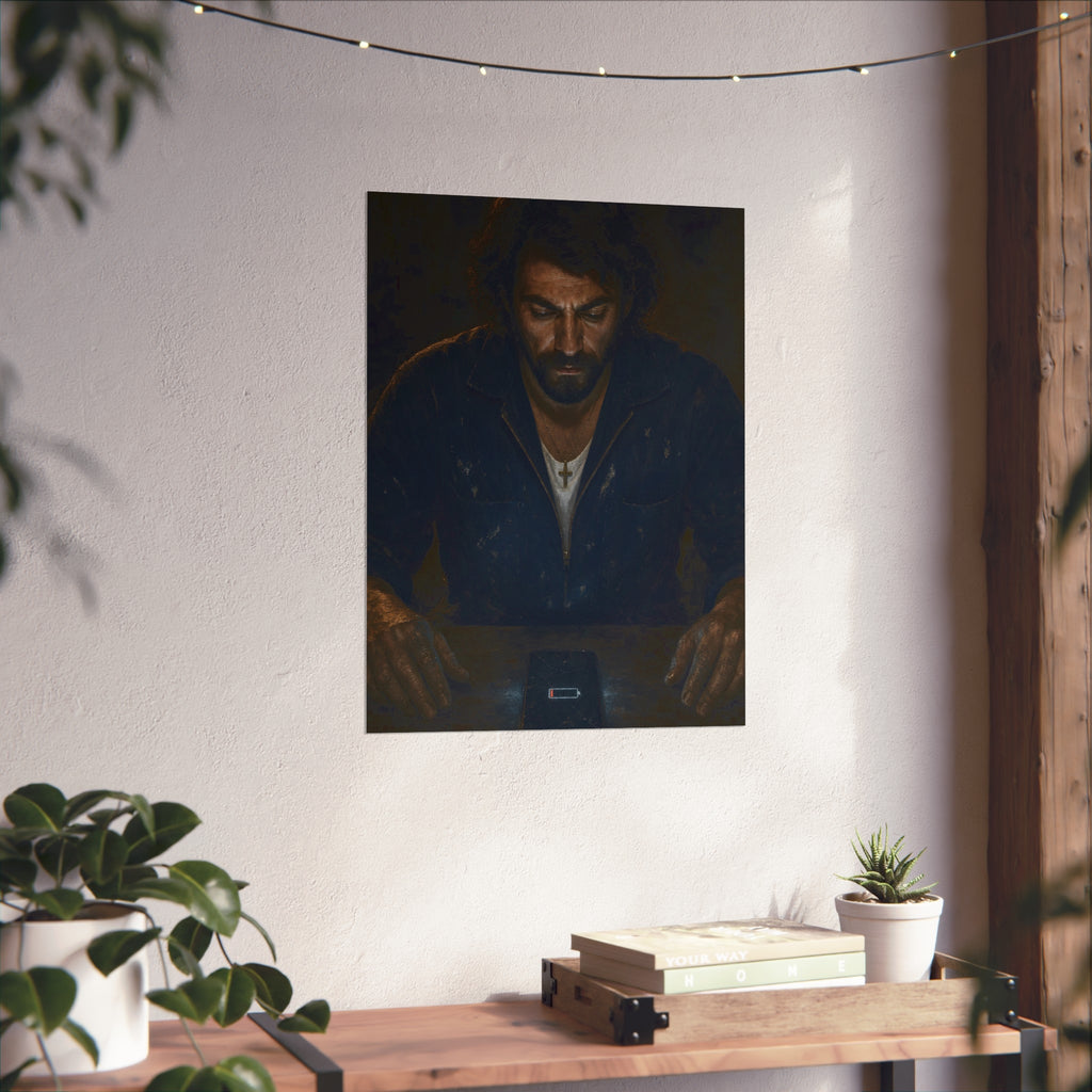 A man in a work jacket looks down at a phone showing a red low battery icon. The Calling at One Percent by Garabaggio, fine art print hanging in a room.