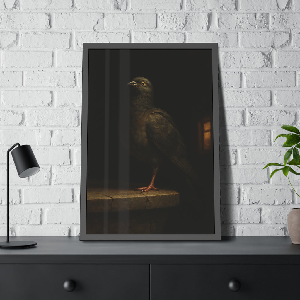 A pigeon standing on a cracked stone ledge in near darkness. The Martyrdom of the One-Legged Saint by Garabaggio, framed fine art print hanging in a room.