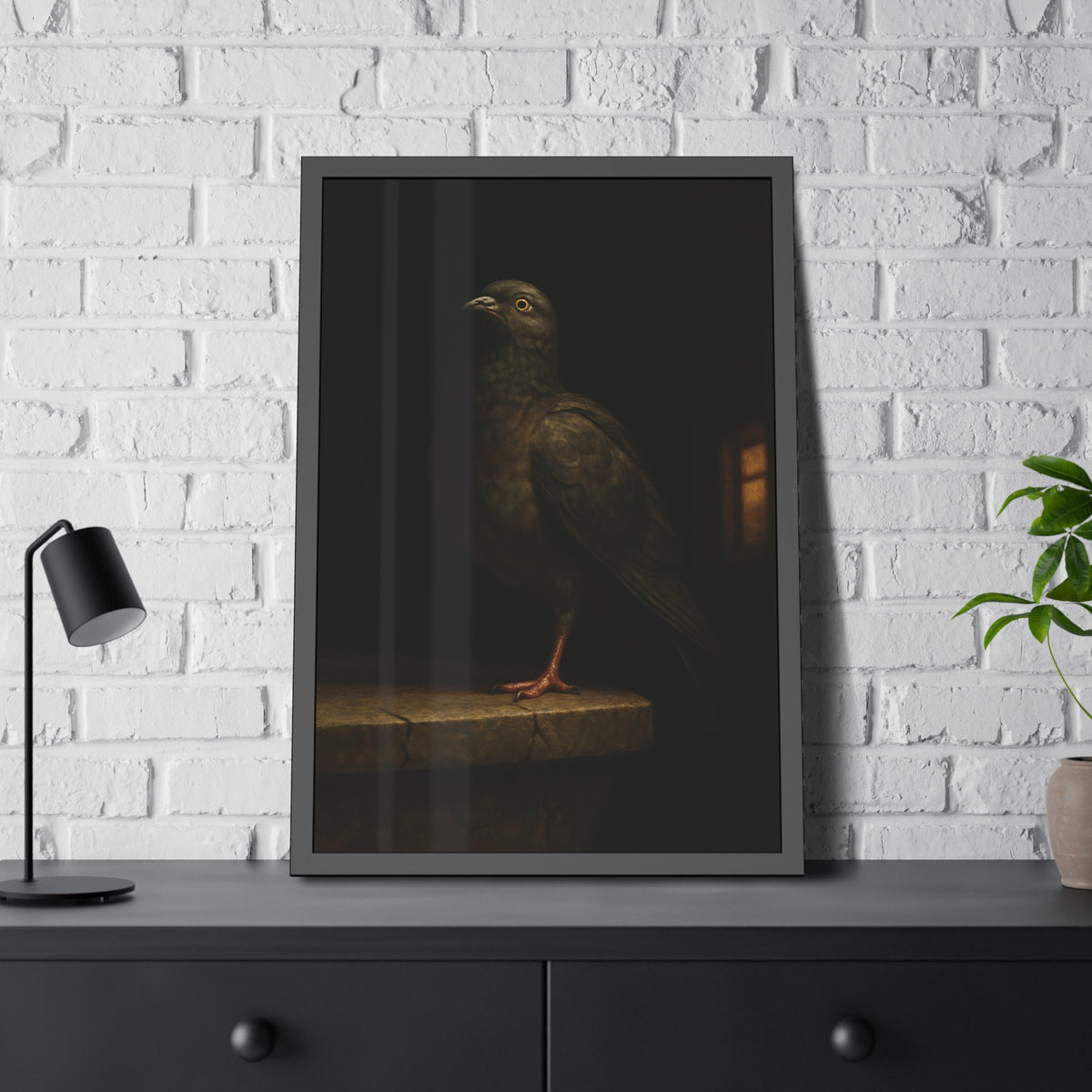 A pigeon standing on a cracked stone ledge in near darkness. The Martyrdom of the One-Legged Saint by Garabaggio, framed fine art print hanging in a room.