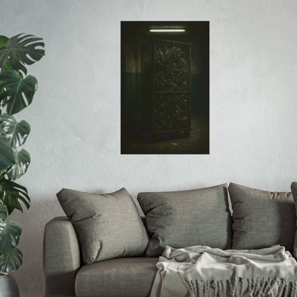 A tall wire cage cart packed with clear bottles in a dim concrete room. The Cage of Clear Glass by Garabaggio, fine art print hanging in a room.