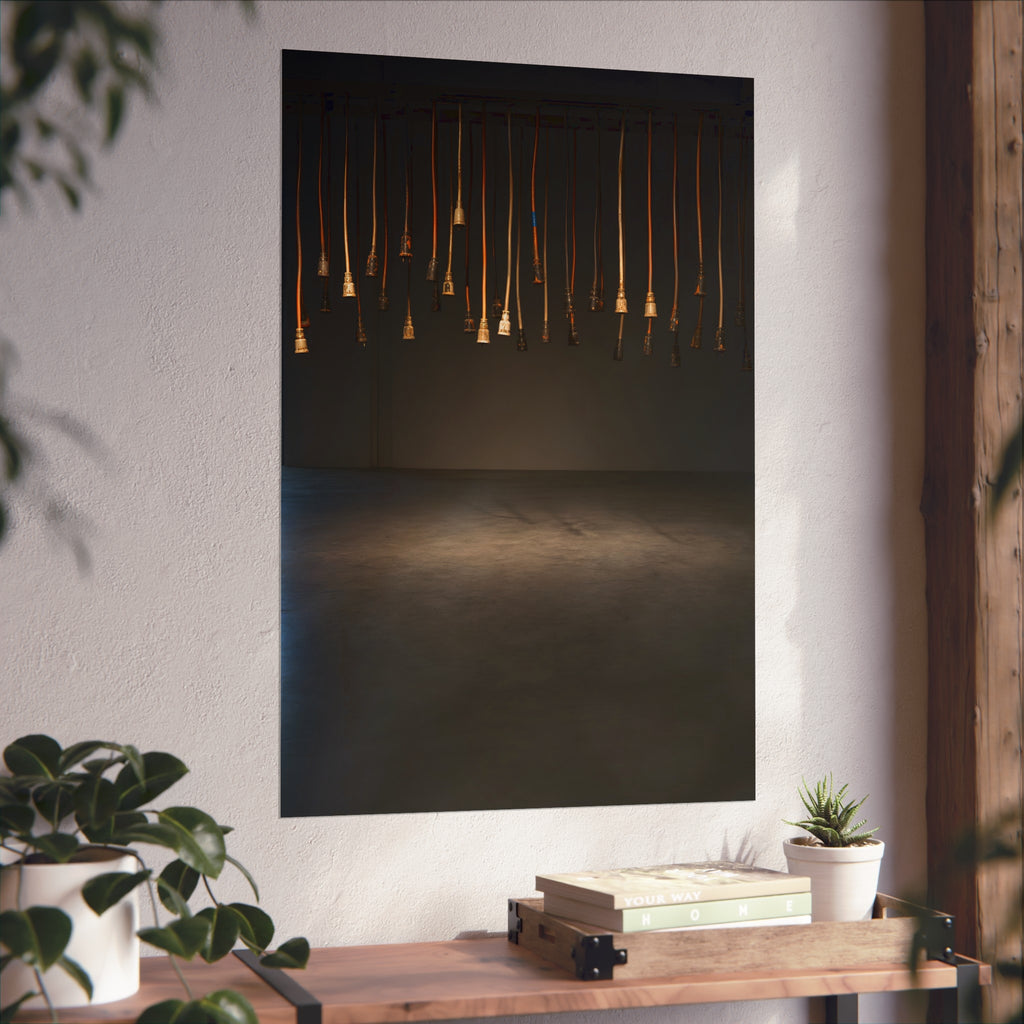 Extension cords hanging plug down from a ceiling in a dim room. All Ends, No Source by Garabaggio, fine art print hanging in a room.