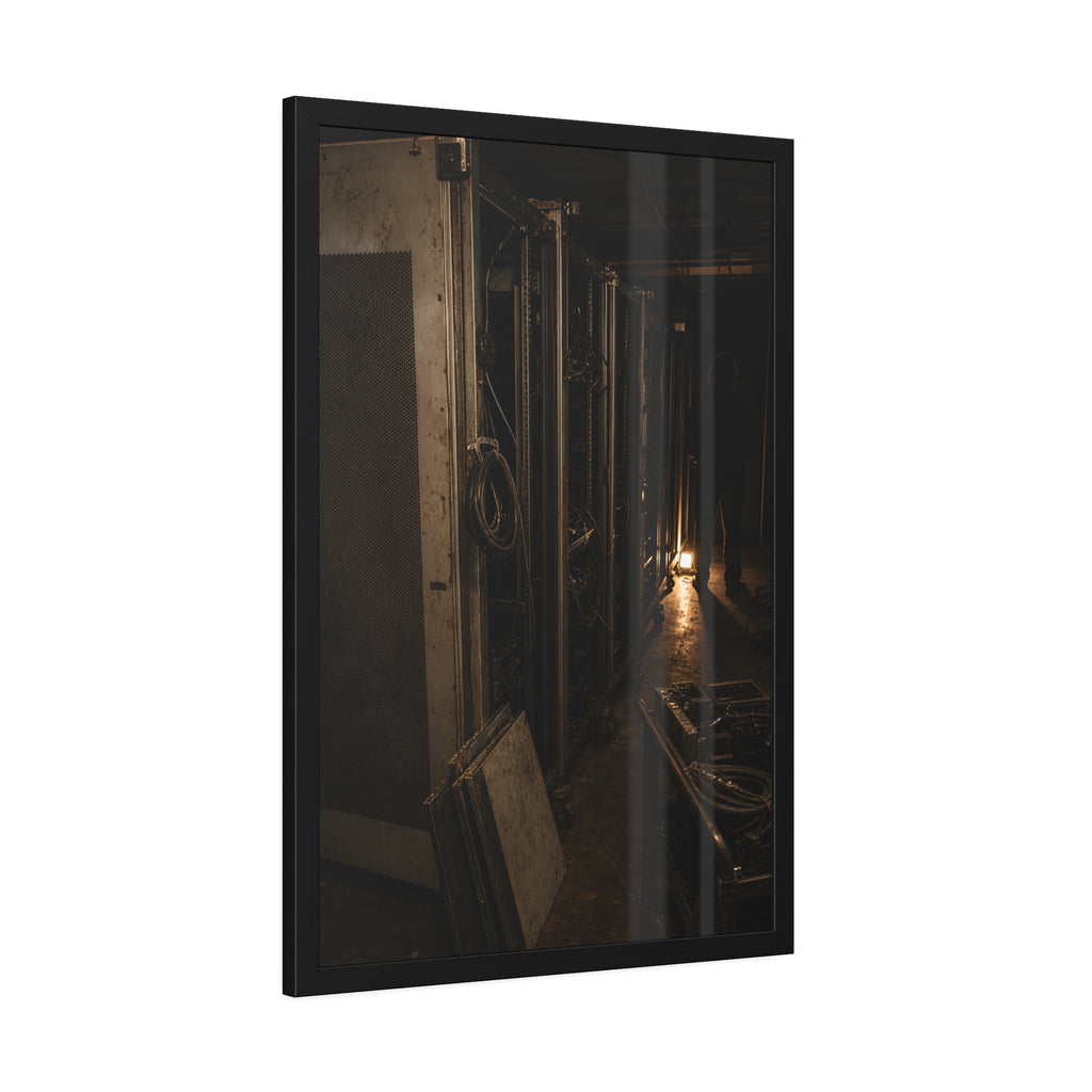 Open server racks in a dark room, a work lamp and a figure at the end. Garabaggio at the End of the Row by Garabaggio, framed fine art print hanging in a room.