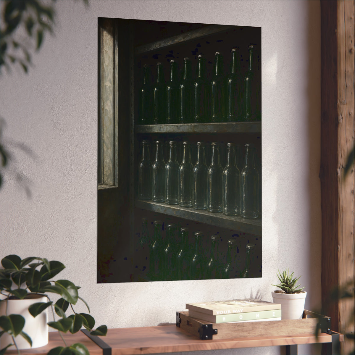 Rows of empty bottles on dim metal shelves, green above and clear below. The Shelf of New Bottles by Garabaggio, fine art print hanging in a room.