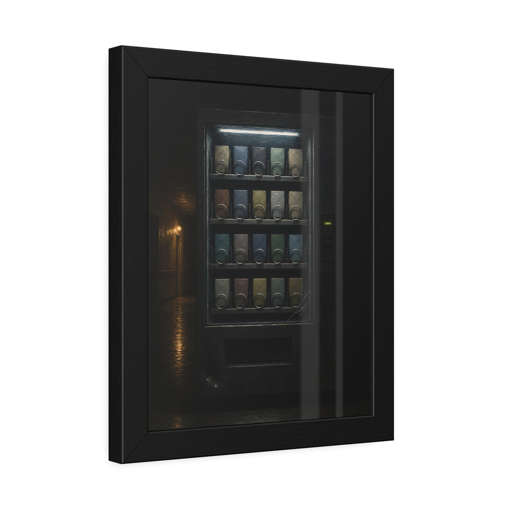 A fully stocked lit vending machine at the end of a dark corridor. The Full Grid at Closing by Garabaggio, framed fine art print hanging in a room.
