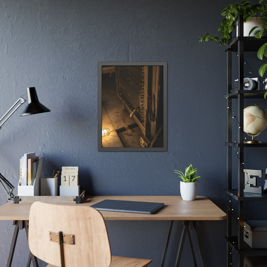 A server rack on a concrete floor beside a caged work light. The Silence at Cutover by Garabaggio, framed fine art print hanging in a room.