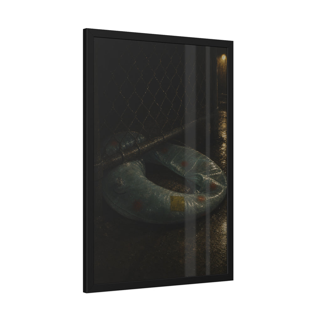 A deflated ring float pushed under a chain link fence in a wet alley. The Escape Beneath the Fence by Garabaggio, framed fine art print hanging in a room.