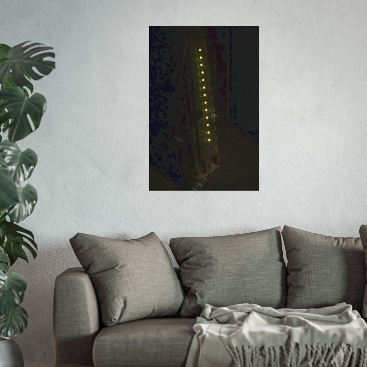 A dark rack panel with a vertical row of glowing green indicator lights. The First Green Choir by Garabaggio, fine art print hanging in a room.